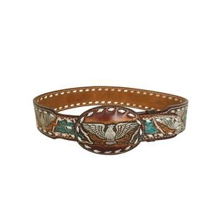 Brazos Women 33" Brown Turquoise Tool Leather Belt Western Eagle Embroider ELSA